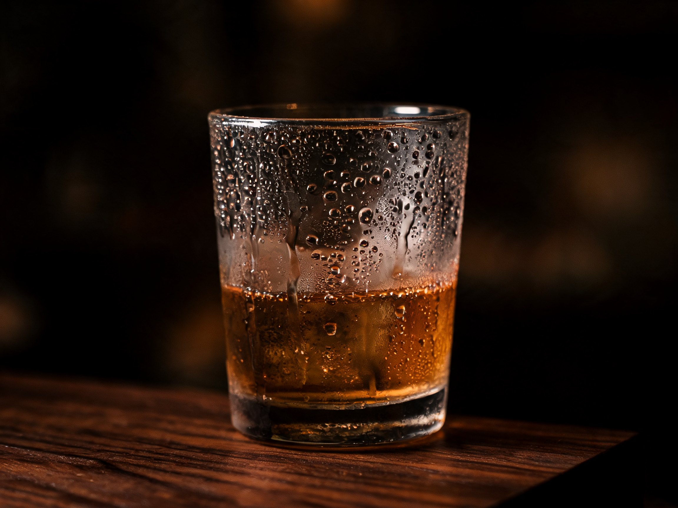 Een glas met een amberkleurige drank en condens op het glas, op een donkere houten bar.