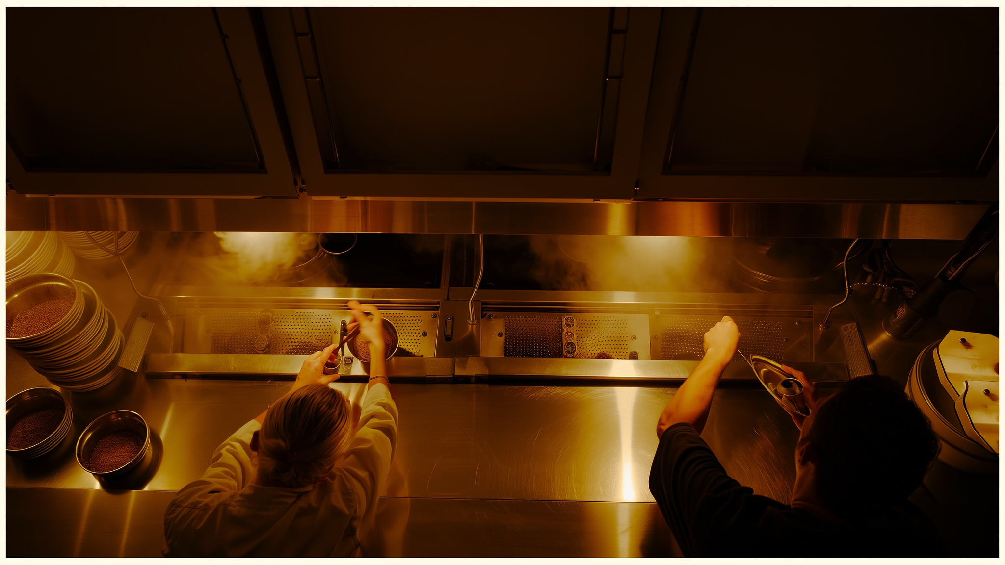 Twee koks aan de pass van de open keuken, van bovenaf gezien, met stoom boven de pannen.